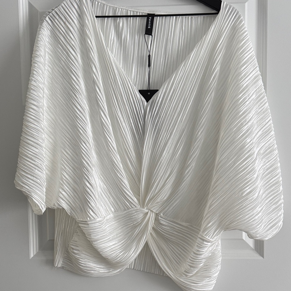 Twist-Front Pleated V-Neck Blouse - White